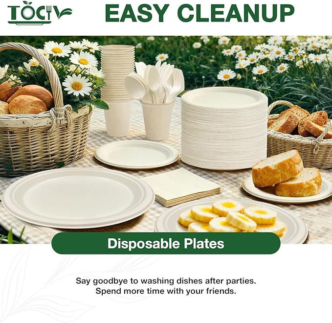 350PCS Compostable Paper Plates and Napkins Cups 10 & 7 Inch Disposable Heavy Duty Dinner Dessert Sturdy Plates and Utensils (Serve 50) Party Supplies Eco-friendly Dinnerware Set for Birthday Holiday