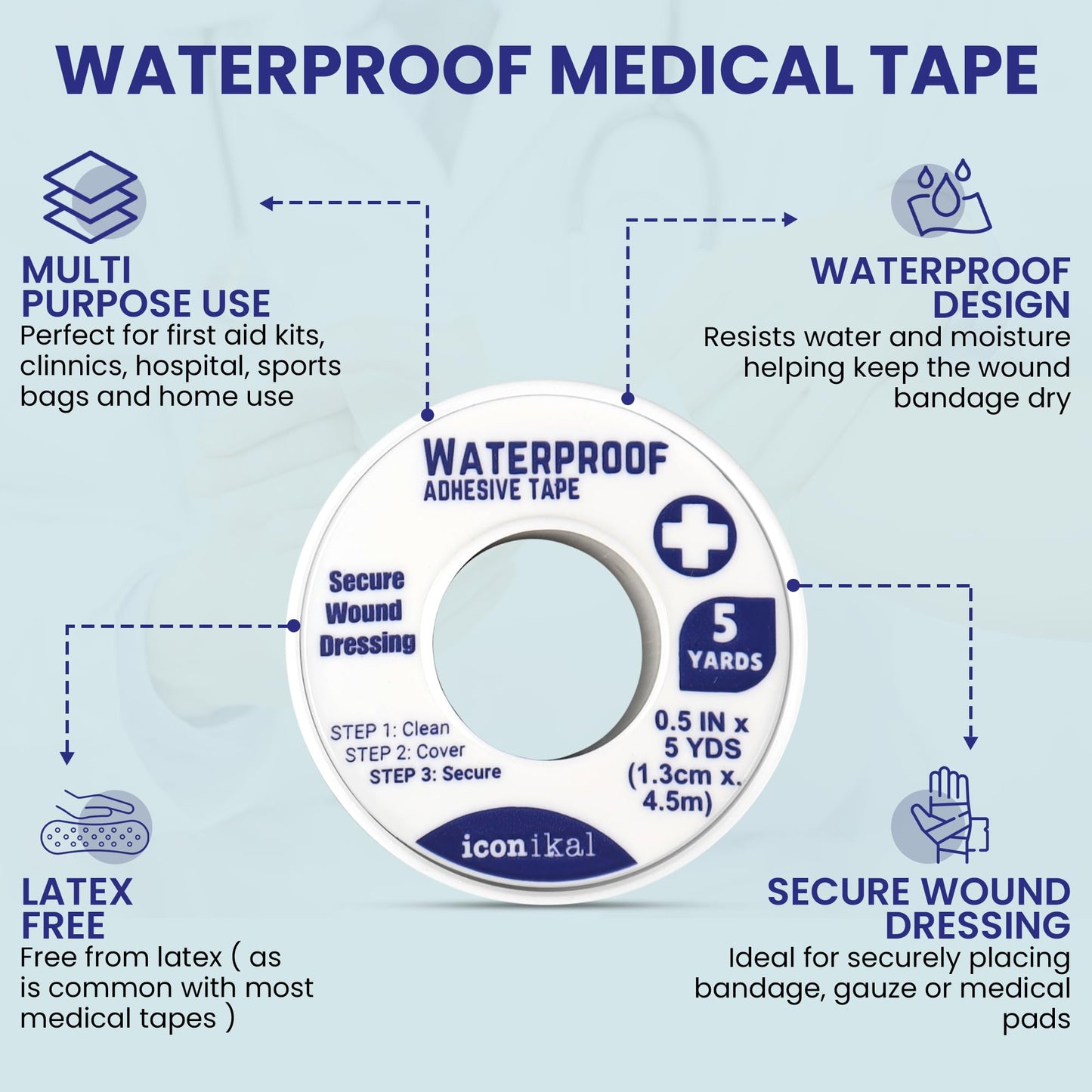 Iconikal 4-Pack First Aid Waterproof Adhesive Tape, 0.5 x 180-Inches, White for Wound Care Gauze Wrap