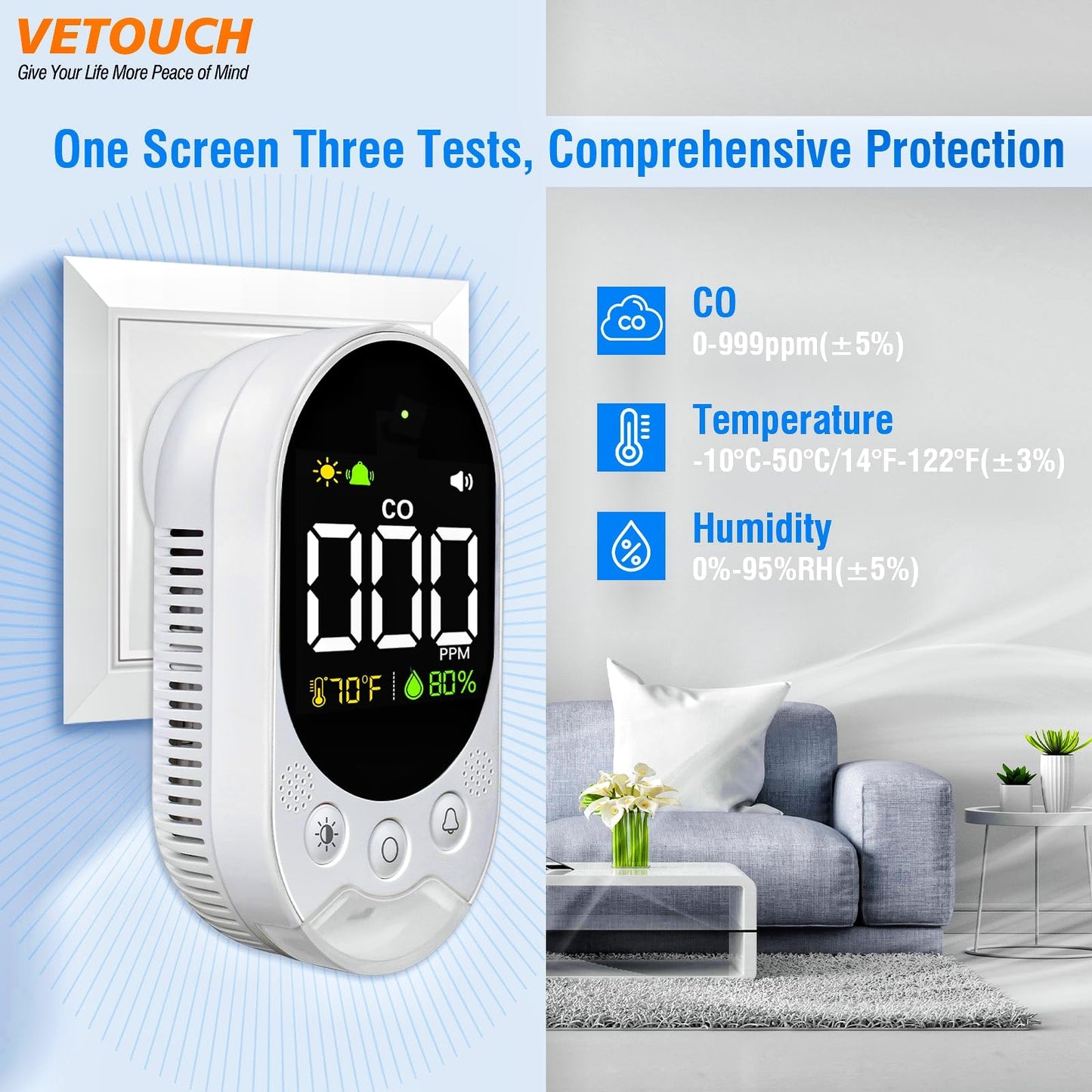 VETOUCH Portable Carbon Monoxide Detector Plug,Upgraded Version Configure Emergency Lighting CO Remind,Accurate Detection of CO Concentration Graded Warning, While Monitoring Temperature Humidity
