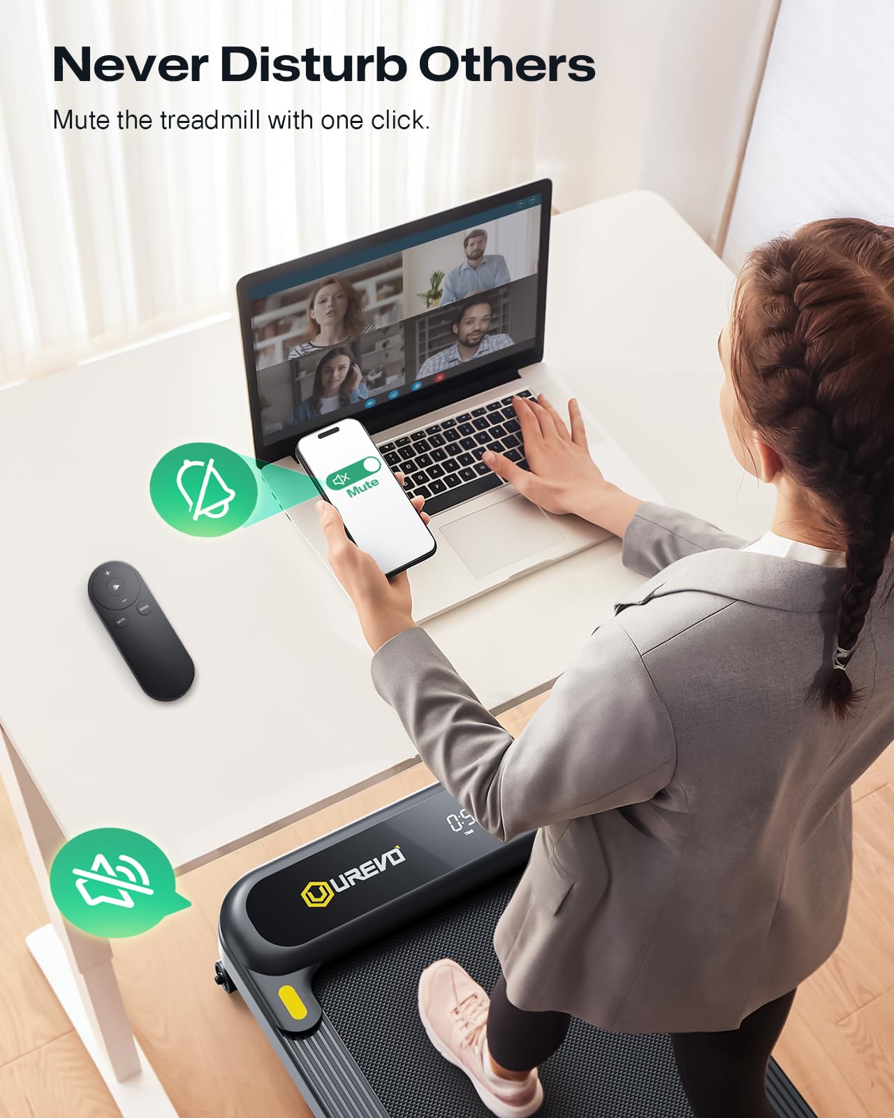 Smart Treadmill with 9% Auto Incline, Hiking and Running Walking Pad Treadmills for Home Office, Treadmill with UREVO APP, AI Powered Music Course, HIIT Programs Synced to Scenic Route, One-Click Mute