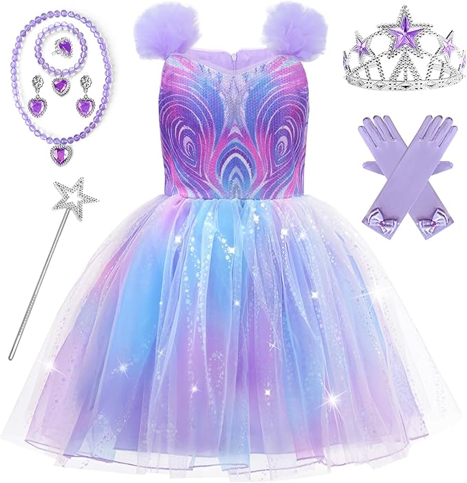 Esvaiy Wicked Glinda Costume Girls Tulle Sequin Dress with Accessories Glinda Dress for Girls Halloween Christmas Cosplay