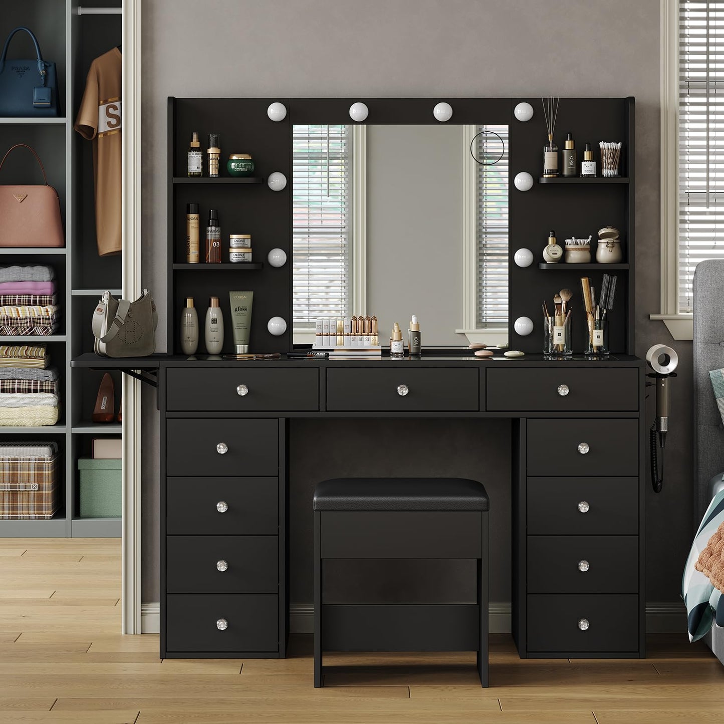 Vanity Desk with Power Outlet, 11 Drawers Makeup Vanity with Lighted Mirror, 3 Colors Adjustable, Glass Top with Chair, 4 Shelves and Fold-up Panel, Vanity Set for Bedroom, Dressing Room, Black