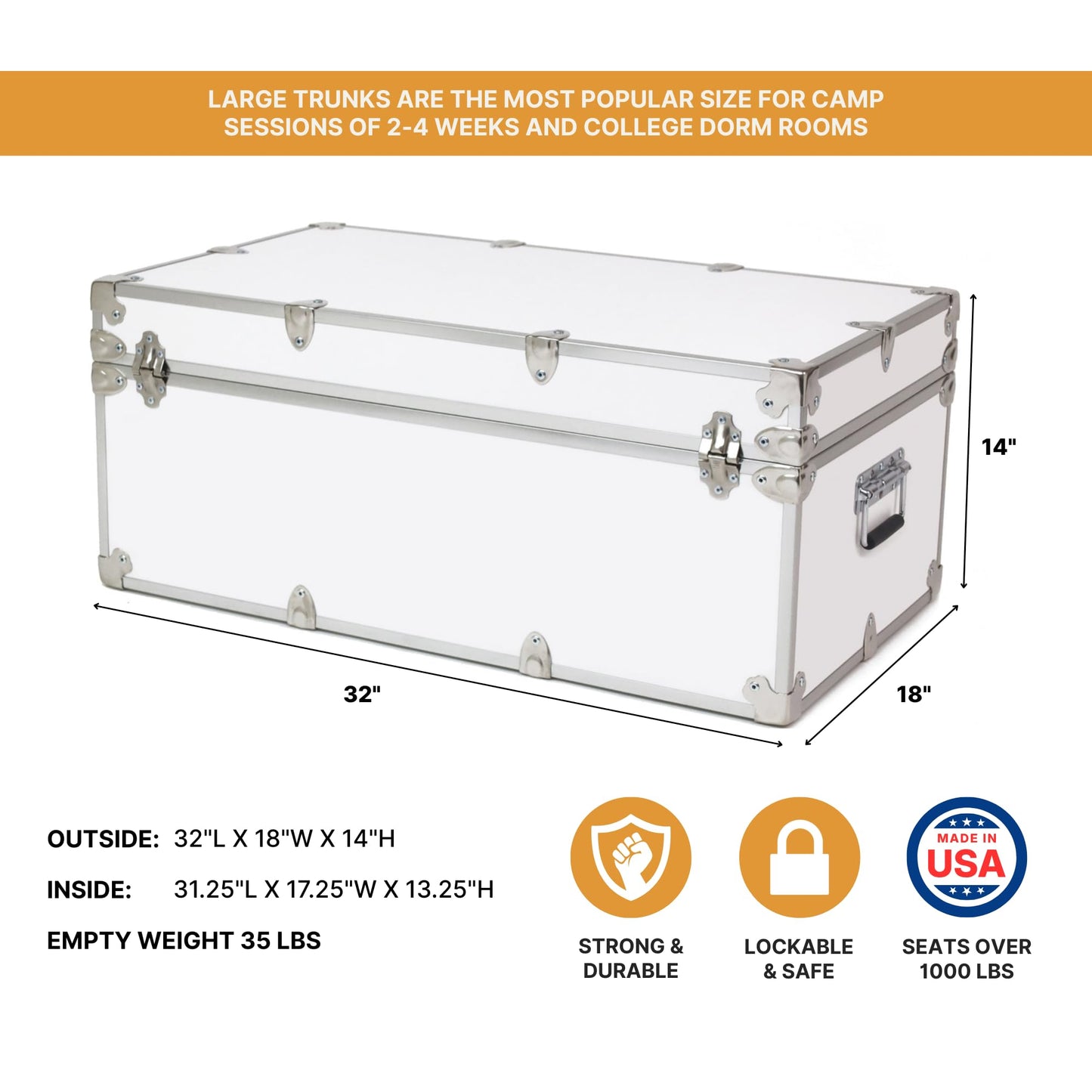 Large Essential Trunk With Wheels, Tray, & Lid Organizer - 32"x18"x14", 1000+ lbs Capacity. Strong, USA Made Summer Camp Footlocker, and Secure College Dorm Storage Chest