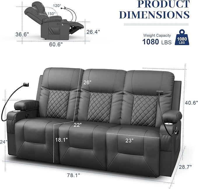 FURNIMAT Oversized Recliner Sofa Set with 3+3 Pieces in Living Room, PU Leather Reclining Couch, Modern Recliner Chair for Living Room, with Cup Holder and 2 Cell Phone Holder, USB Ports, Gray