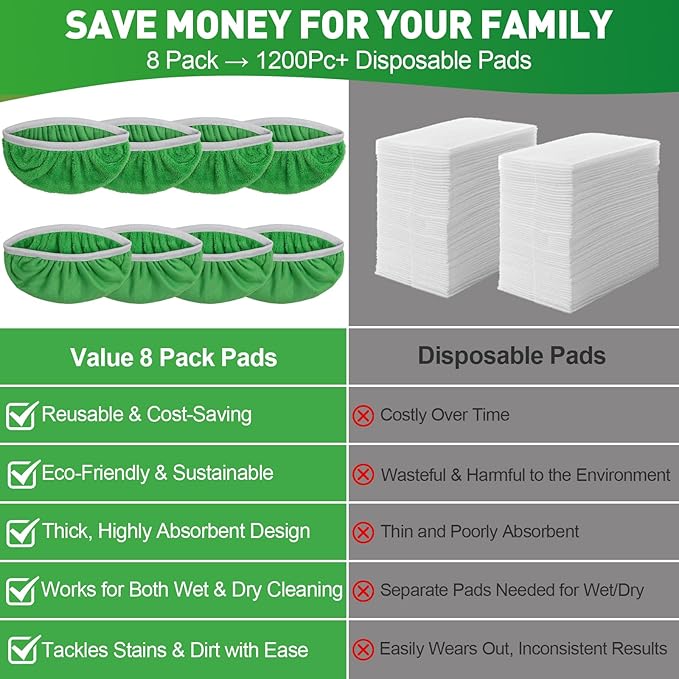 8 Pack Reusable Microfiber Mop Pads Compatible with Swiffer Sweeper, Machine Washable Microfiber Pads Refill for Wet & Dry Floor Cleaning, Mopping Pad Refills Fits Hardwood, Marble, Tile & Laminate
