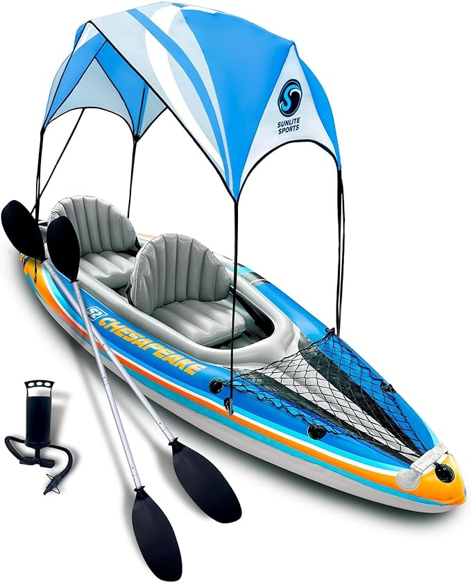 Sunlite Sports 2-Person Inflatable Kayak with Aluminum Oars (136" x 33"), High Output Air Pump and Storage Bag, Double Tan...