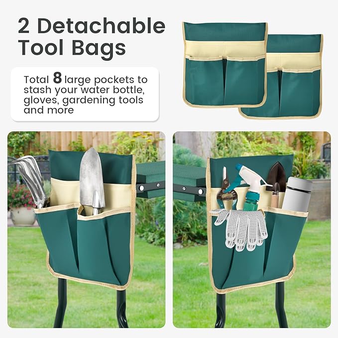ReunionG Garden Kneeler and Seat, Foldable Garden Stool with Thick Kneeling Pad & Tool Bag, Heavy Duty 2 in 1 Gardening Bench for Seniors, Women, Parents