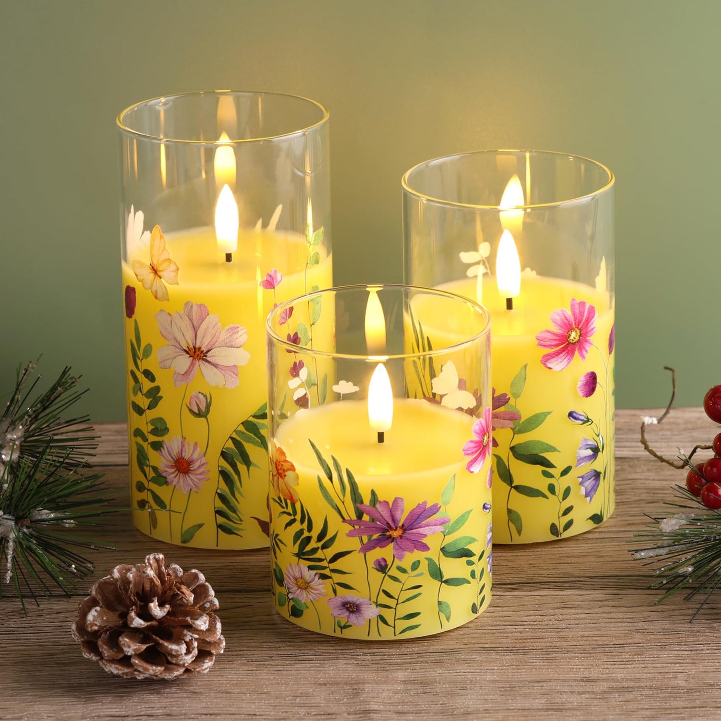 Eywamage Yellow Cosmos Floral Flameless Candles in Glass Jars, Flickering Battery LED Pillar Candles with Remote Set of 3
