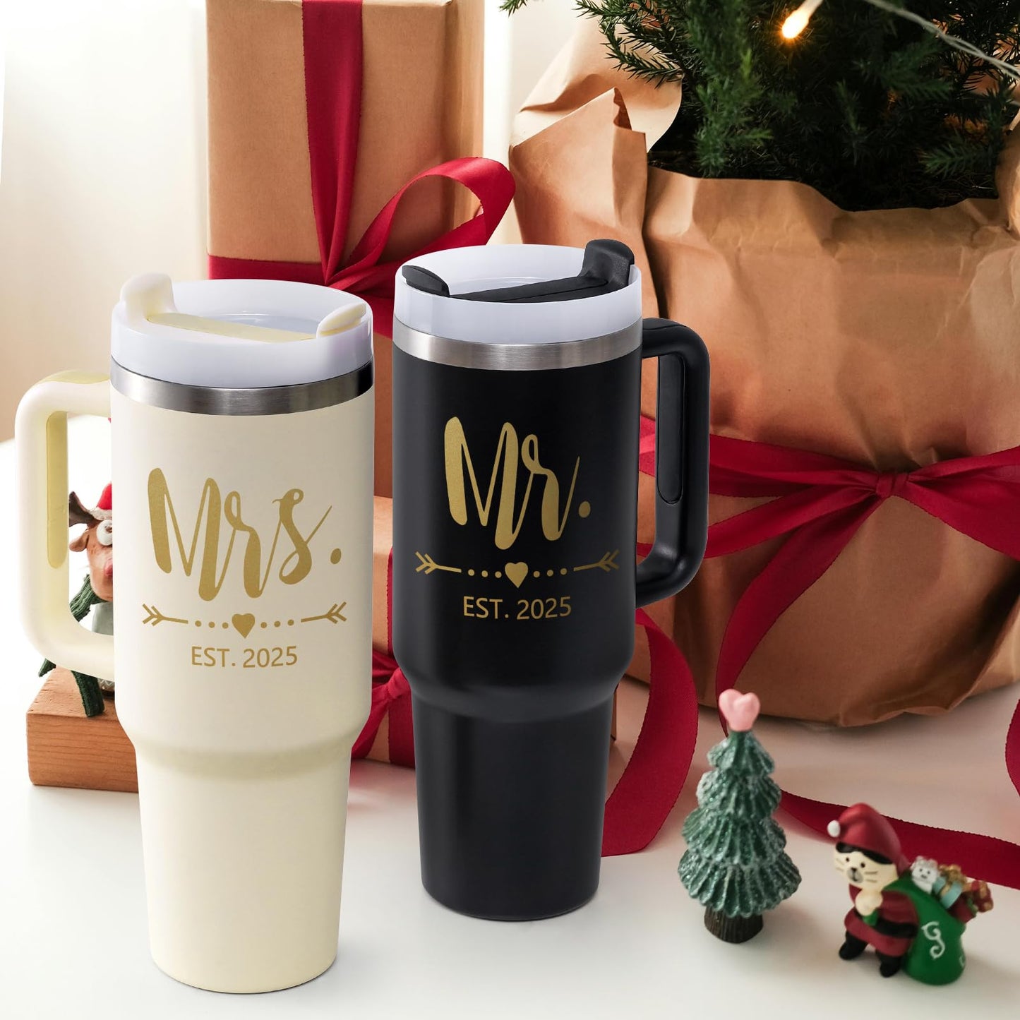 Qtencas Mr and Mrs Gifts, Mr and Mrs EST 2025 Stainless Steel Travel Tumblers Set, 40 oz 2025 Travel Mug for Couples Newlyweds, Engagement Wedding Gifts, Bridal Shower Anniversary Cups（Black & Beige）