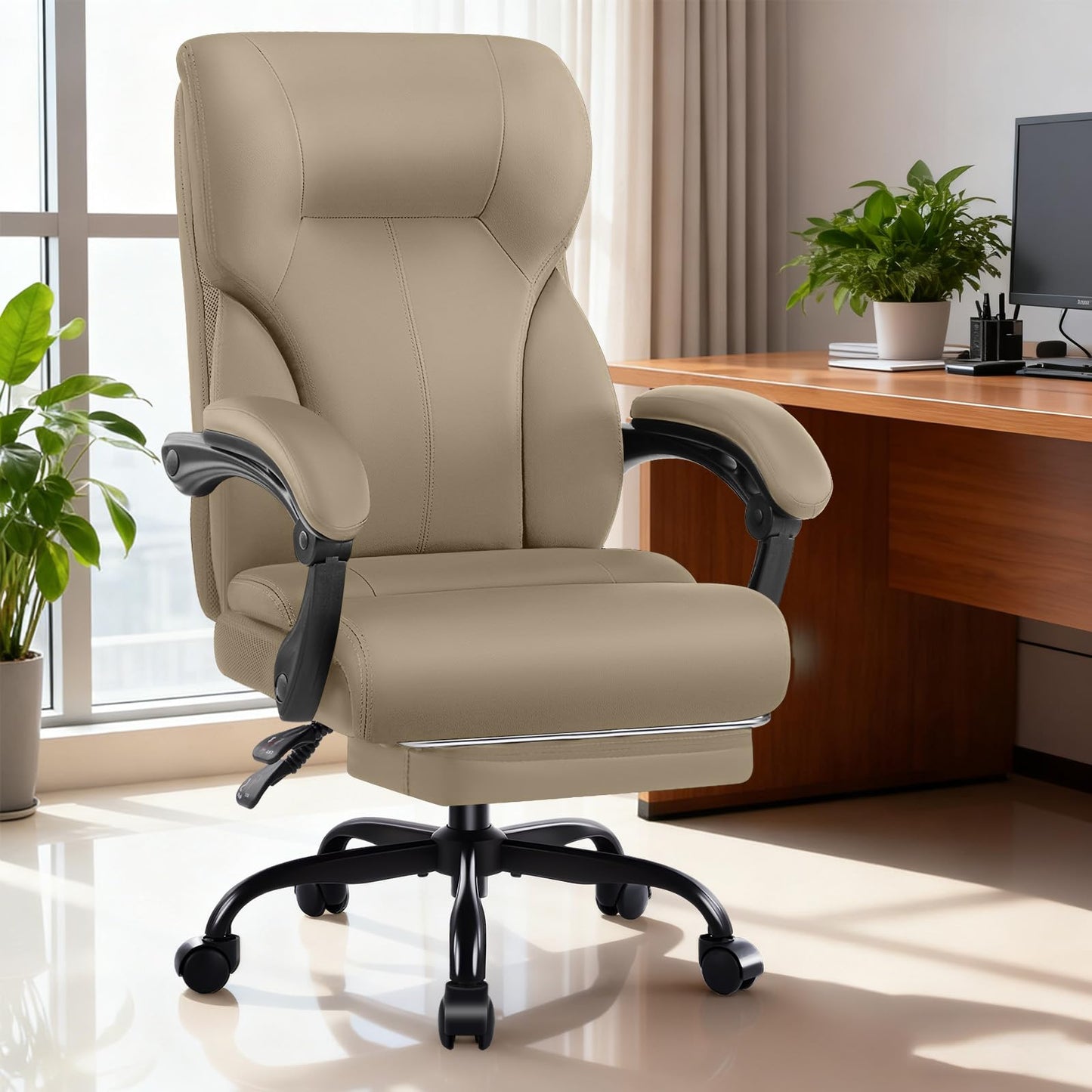 Executive Office Chair,High Back Ergonomic Comfy Desk Chair with Footrest and Padded Linkage Armrests,PU Leather Heavy Duty Computer Swivel Rolling Task Chair for Home Office,Adults,Khaki