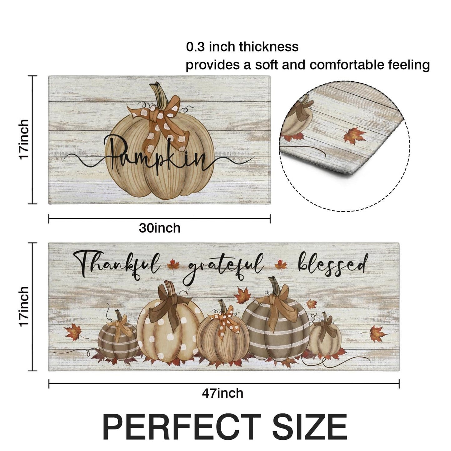 Fall Kitchen Rugs Fall Entrance Door Mat Pumpkin Non Slip Kitchen Rug Anti Fatigue Mats for Kitchen Floor Waterproof Washable Rug Runner for Kitchen Laundry17x30+17x47inch