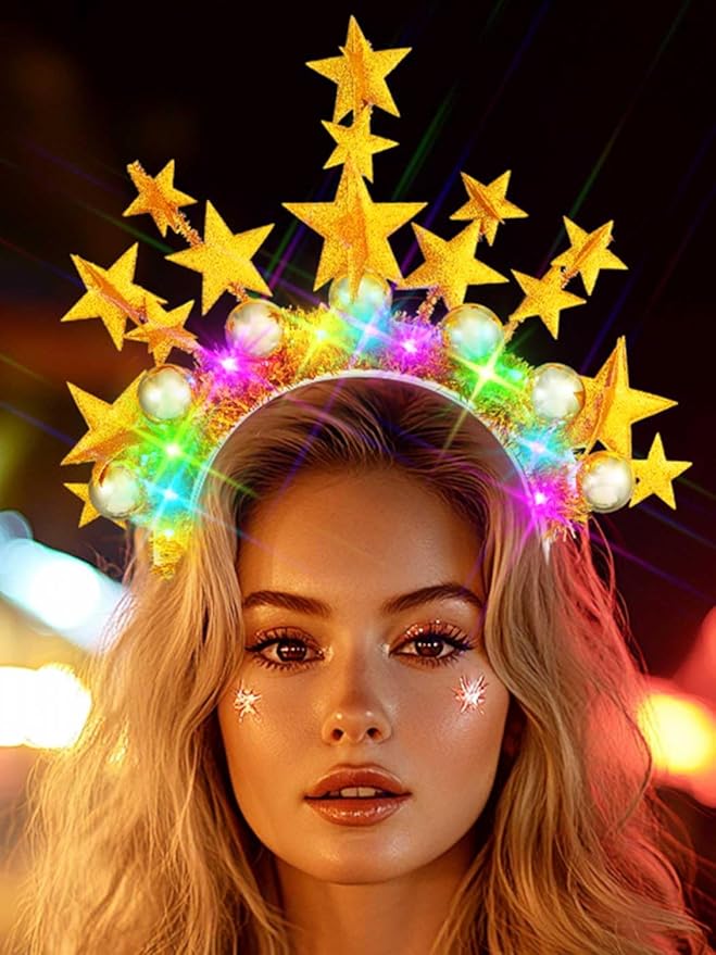 JONKY Light up Star Headband Gold Ball Hair Band Glow Rave Costume Hair Accessories for Women