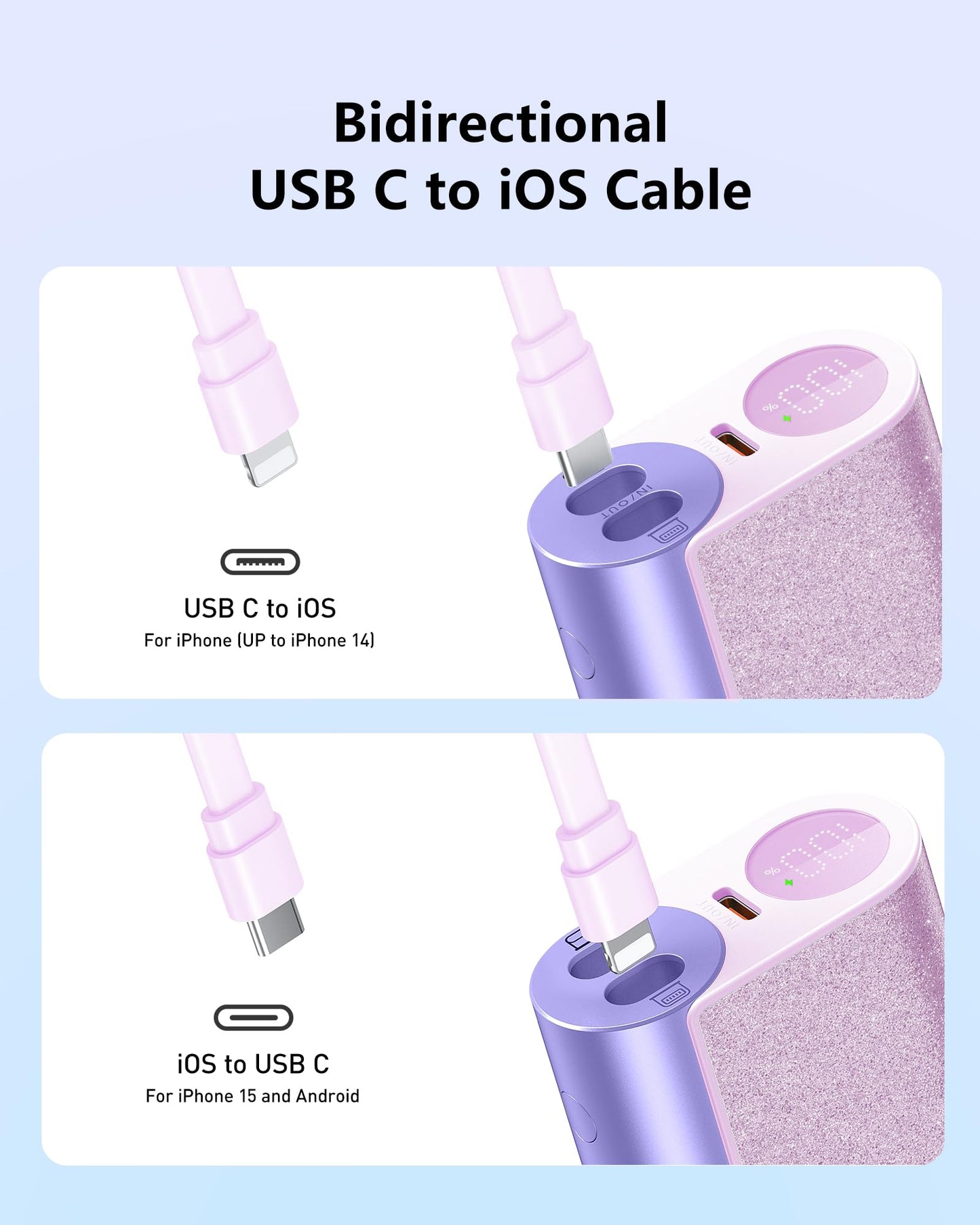 VEGER Compact Portable Charger with Built in Cable(Removable), 10000mAh Cute Power Bank 20W Fast Charging, Sparkling Battery Pack Fashion Travel Accessory Compatible with iPhone 15/14, Android-Purple