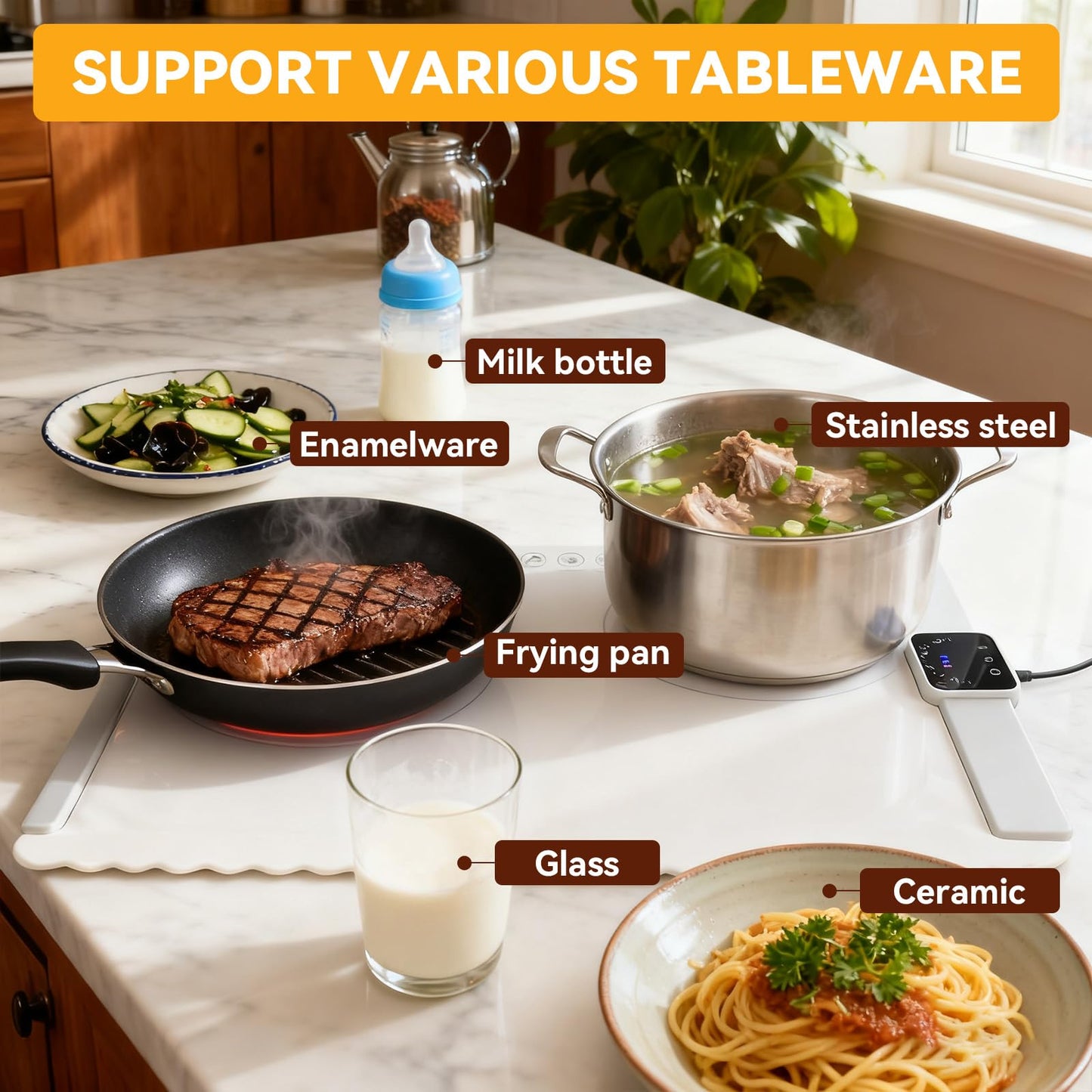 Food Warming Mat - Fast Heating Silicone Electric Warming Tray, Adjustable Silicone Heating Pad with 3 Temperature Settings 4 Timer Function Portable Roll Up Hot Plate