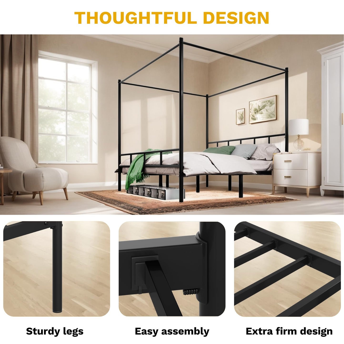 DWVO King Size Canopy Bed Frame, Metal Bed Frame with Four Posters, Heavy Duty Slat Support with Built-in Headboard, No Box Spring Needed, Black