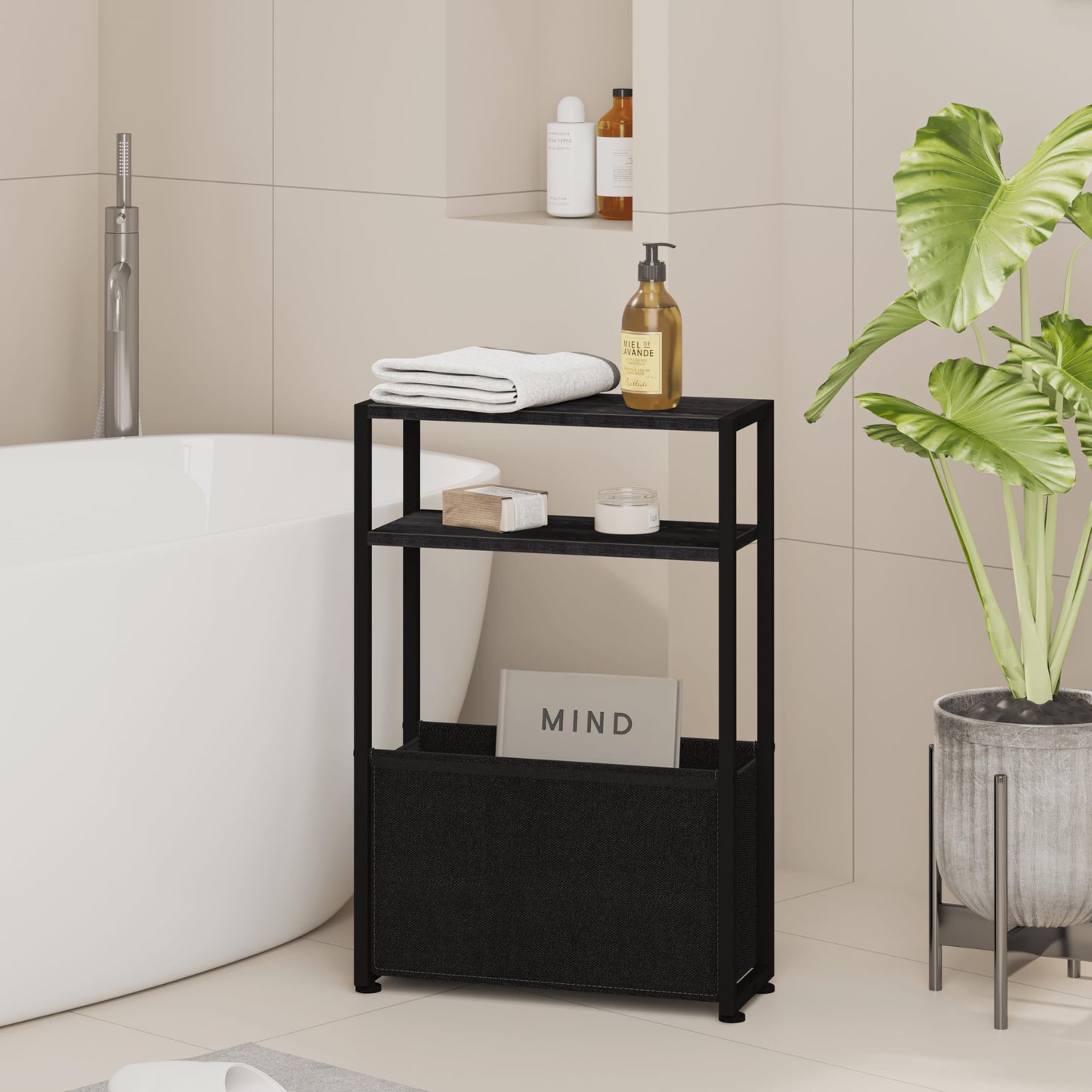 Leomonio Black Side Table, Slim Side Table with Magazine Rack, Bathroom Table for Small Spaces, Narrow Bedside Table for Living Room, Bedroom
