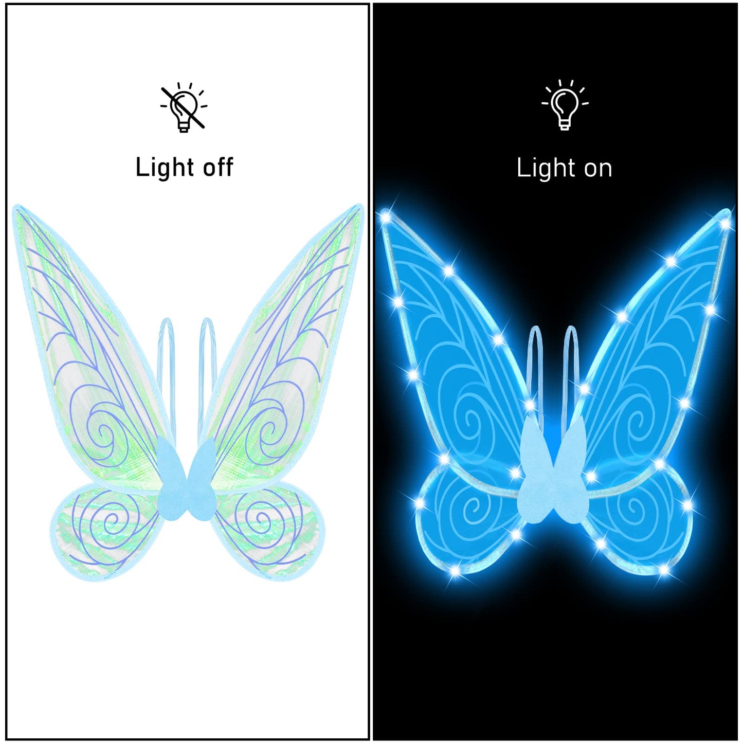 U-Goforst Light Up Fairy Wings for Adults- Butterfly Wings for Girls Women, Halloween Costume Cosplay Dress Up, Sparkly LED Wings with Wand, Blue with Blue Light