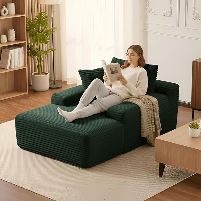 Alpen 66" Oversized Chaise Lounge, Boneless Couch Indoor, Corduroy Couch Boneless Sofa Chair for Reading with Wide Armrest and 3 Throw Pillows, No Assembly Required, Green