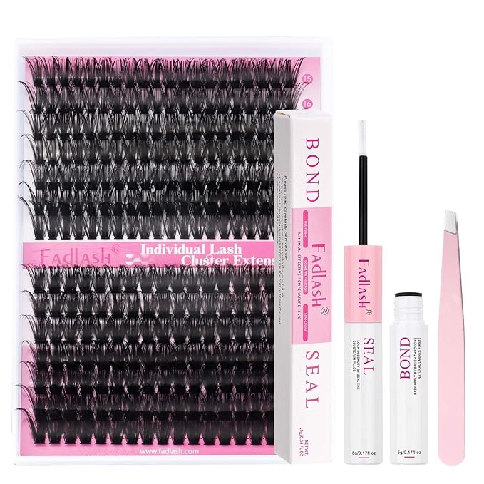 FADLASH Lash Extension Kit 60D+80D Lash Clusters D Curl Lash Cluster Kit DIY Eyelash Extension Kit with Lash Bond and Seal Lash Applicator Tool fluffy Cluster Lashes(60+80D Kit, Mix 15-20mm)