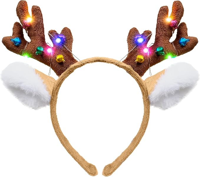 nuihoil Reindeer Antlers Headband Light Up Christmas Party Favors Fluffy Deer Costume Headbands for Women