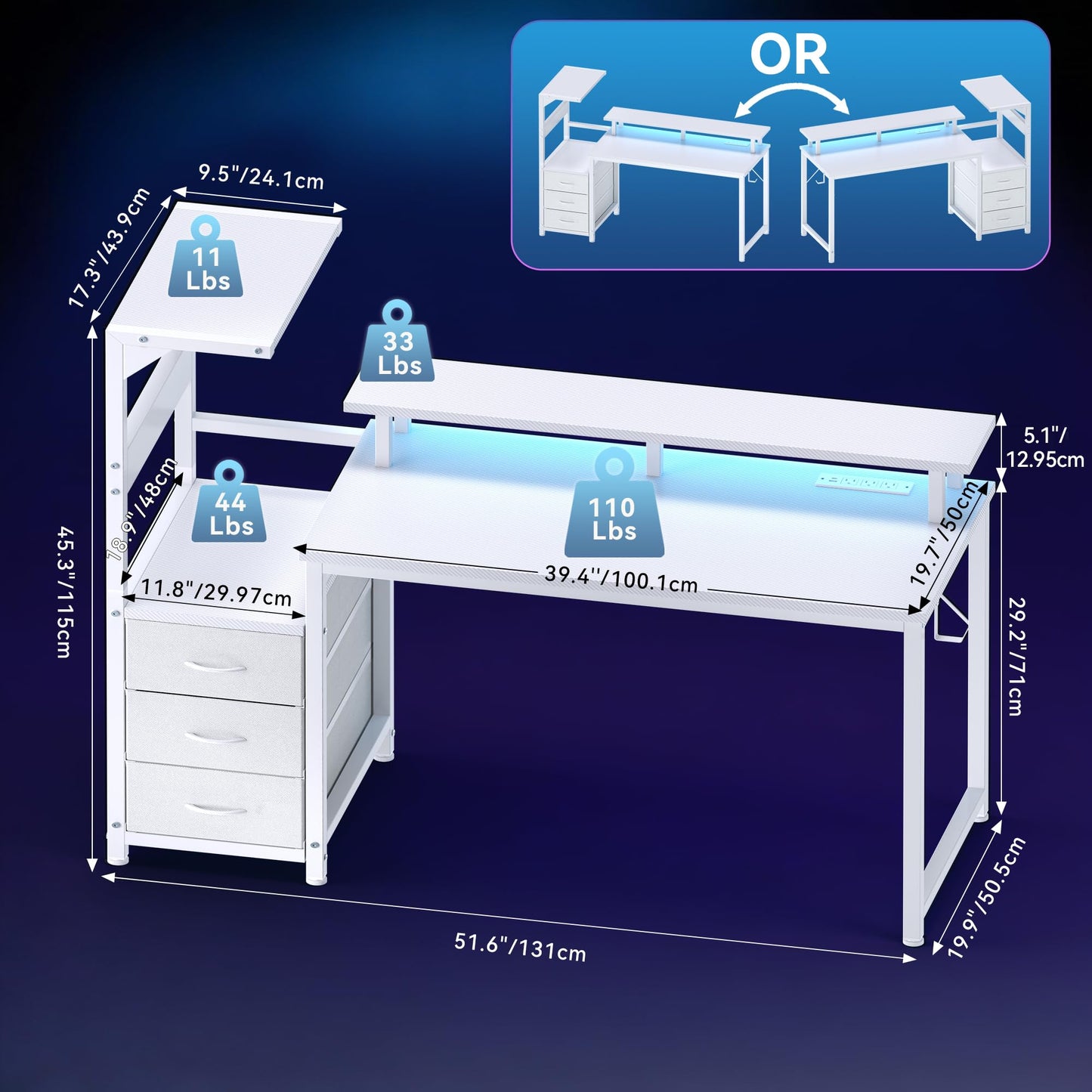 HAPPYMONT Gaming Desk with Shelves Storage Drawers, Computer Desk with LED Lights Power Outlets, Office Table with Shelf Cable Management for Bedroom Dual Monitor Streaming, White