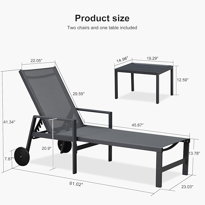 PURPLE LEAF Modern Charcoal Grey Patio Chaise Lounge Set for 2 with Adjustable Pool Chaise Lounge Chair and Table Included