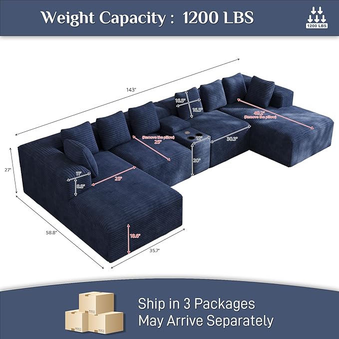 Modular Sectional Sofa with USB Cup Holders Storage, 143" U Shaped Cloud Couch Plush Corduroy Deep Seat Boneless Sofas with Double Chaise Lounge Sectional Couches Memory Foam for Living Room - Blue