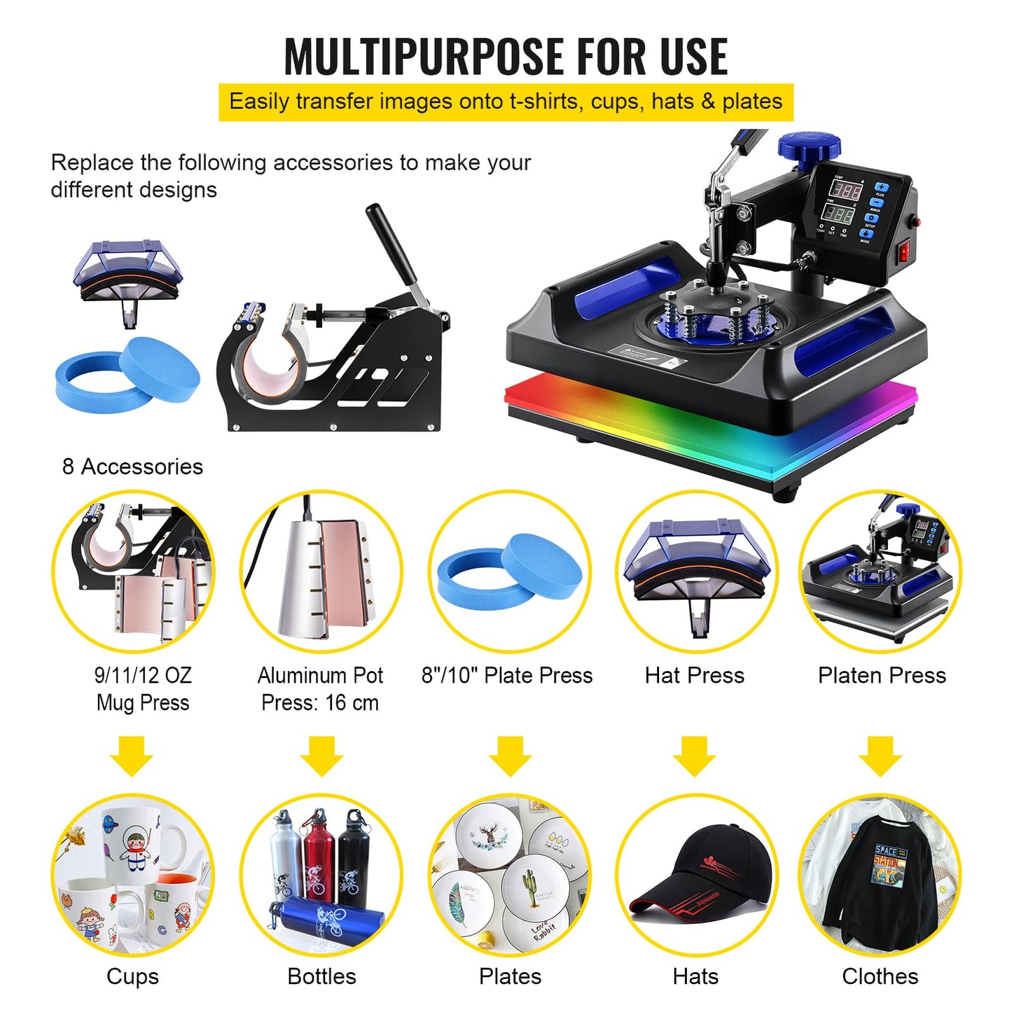 VEVOR Heat Press Machine 12 x 15 Inch 8 in 1 Heat Press Sublimation Machine 360° Rotation Swing Away 8 in 1 Shirt Printing Machine Dual-Tube Heating for DIY T-Shirts Cap & Mugs Blue