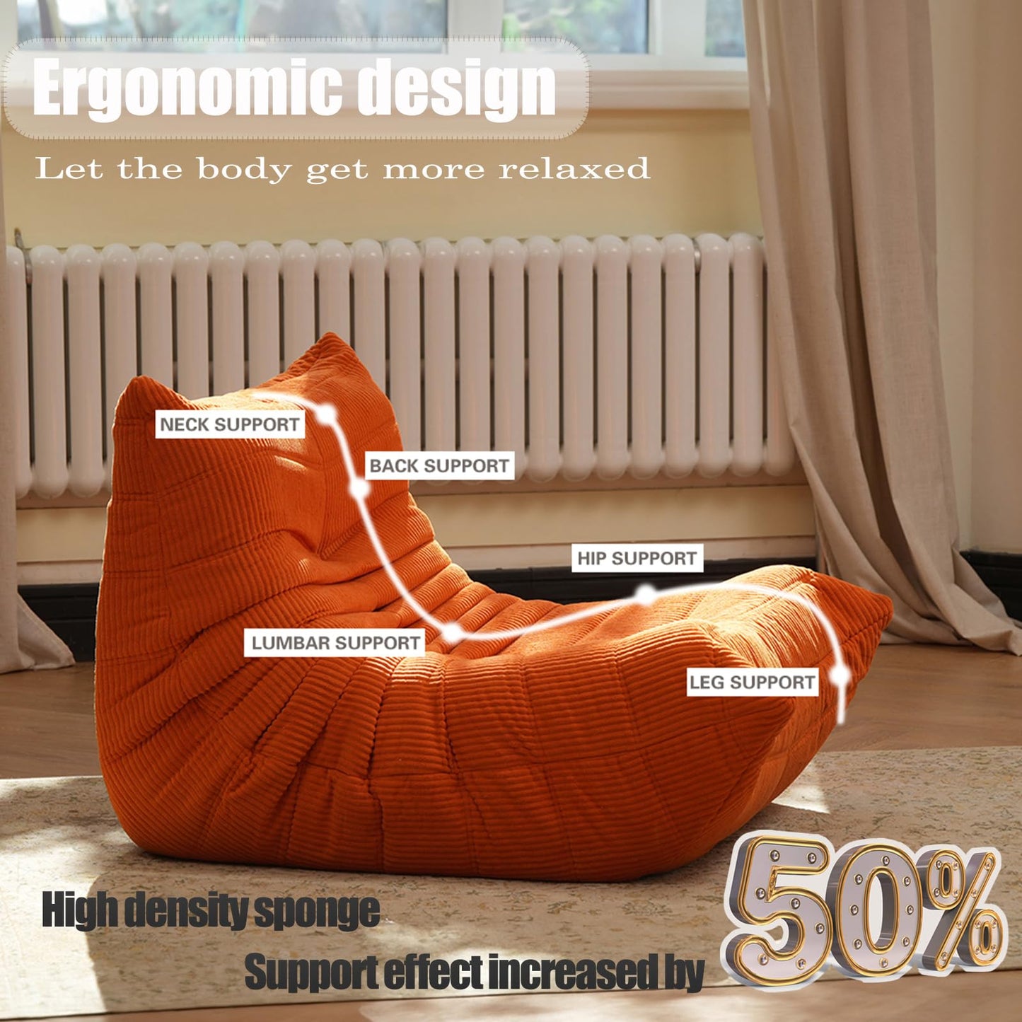 CXC Orthopedic Memory Foam Bean Bag Chair - Fireside-Ready Floor Sofa with Non-Slip Base for Game Room, Cozy Living Rooms & Back Pain Relief (Valencia-Orange, Velvet)