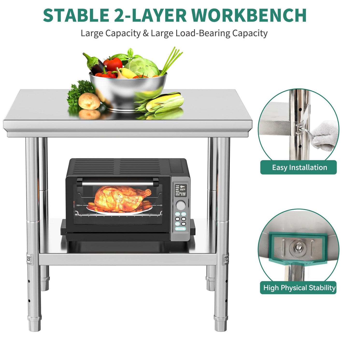YITAHOME NSF Stainless Steel Table, 30" X 24" Work Table, 2 Shelves Metal Prep Worktable for Home Kitchen Restaurant Garage Warehouse Outdoor