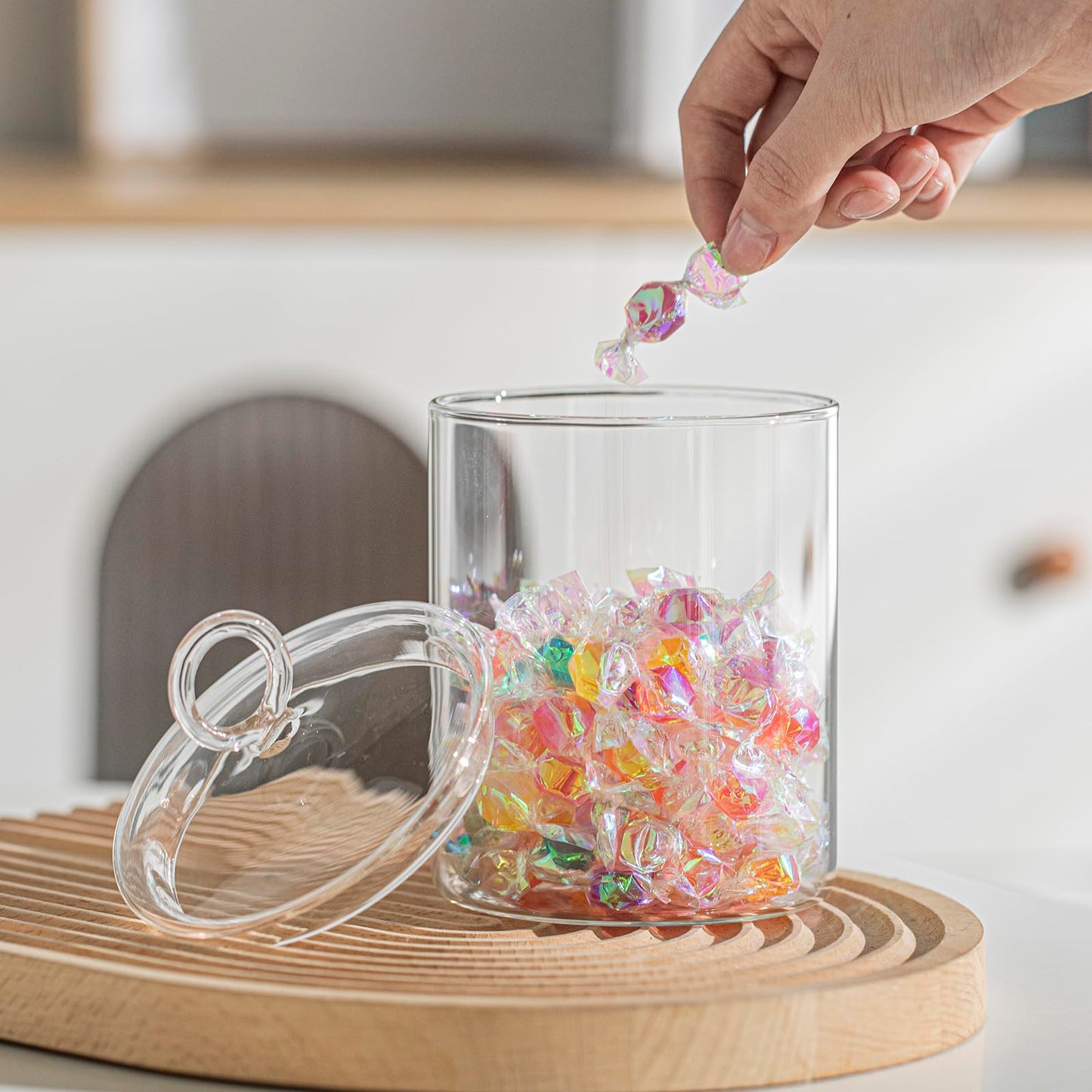 KEKEHOME 23oz Glass Candy Jar with Lid for Office Desk, Cookie Jar Food Storage Container for Kitchen Counter, Apothecary Jar for Cotton Swabs, Balls, Cotton Pads, Floss Picks, 700ml