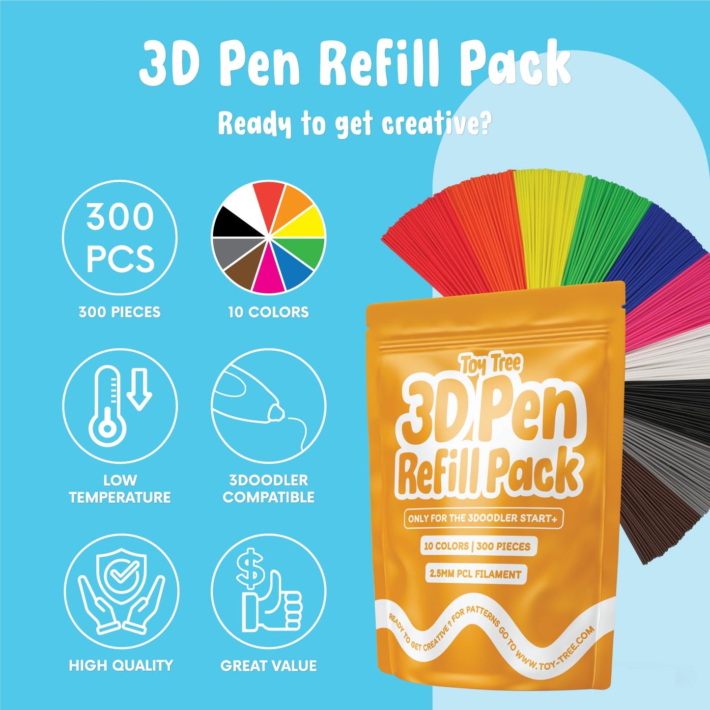Toy Tree 300 Piece 3D Pen Refill Pack | Compatible with The 3Doodler Start+ Only | 10 Vibrant Colors of Safe Low Temperature PCL Filament 2.5mm Thick | Not Compatible with Other 3D Pens