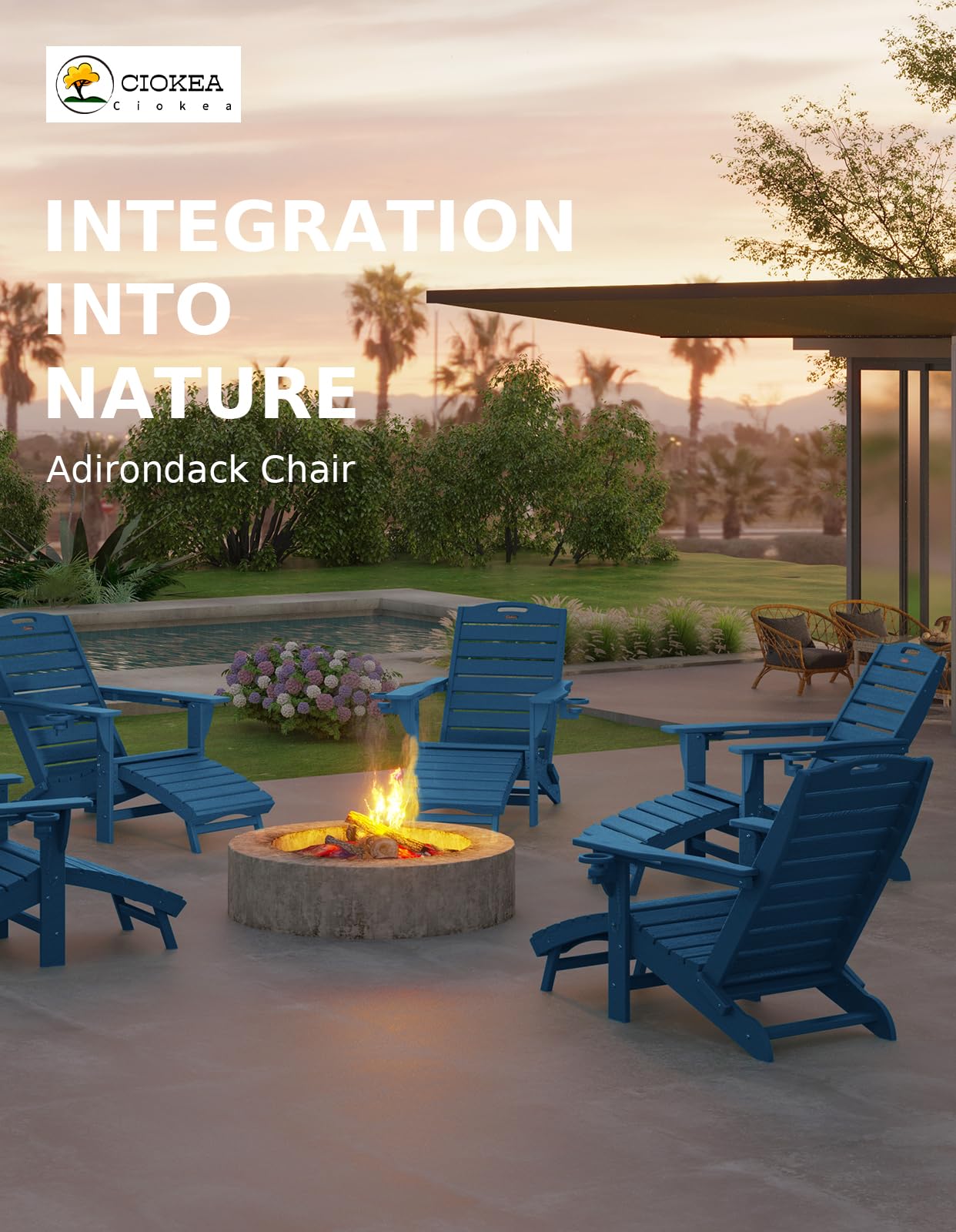 Ciokea Folding Adirondack Chair Set of 2 with Retractable Ottoman Fire Pit Patio Chair with Pull Out Foot Rest Weather Resistant Lawn Outdoor Chair with 2 Cup Holder (Navy Blue)