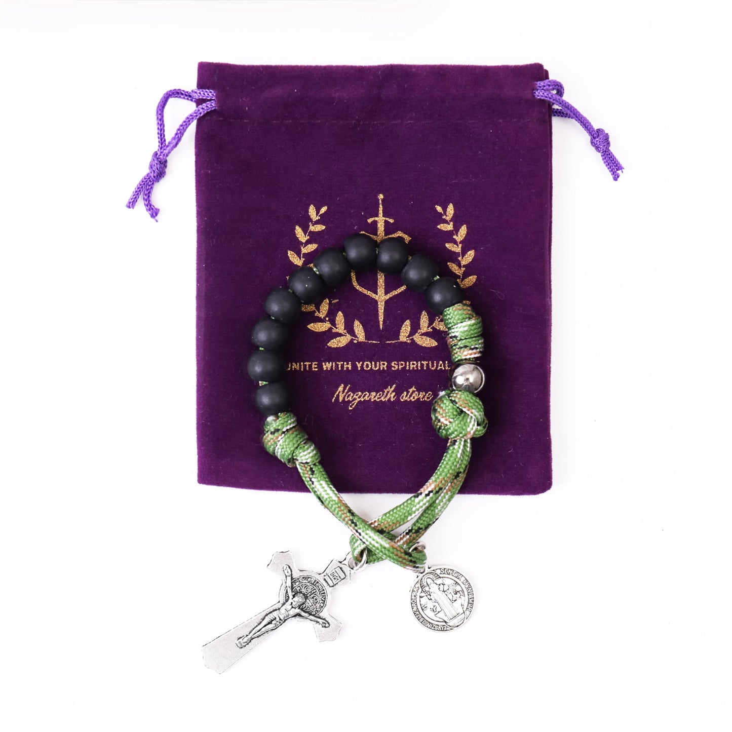 Nazareth Store Olive Military One Decade Khaki Paracord Rosary Black Beads Pocket Car Rosary Protection St. Benedict Medal & Cru