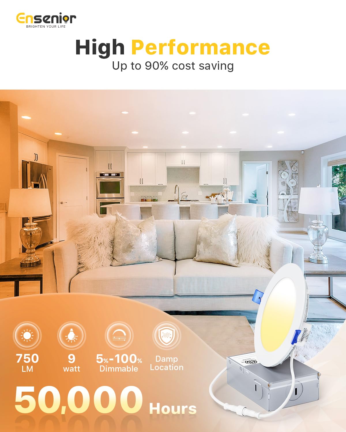 Ensenior 24 Pack 4 Inch LED Recessed Ceiling Light, Dimmable, 5000K Daylight, 750LM 9W 120V, High Brightness Canless Wafer Downlight - ETL&FCC&IC