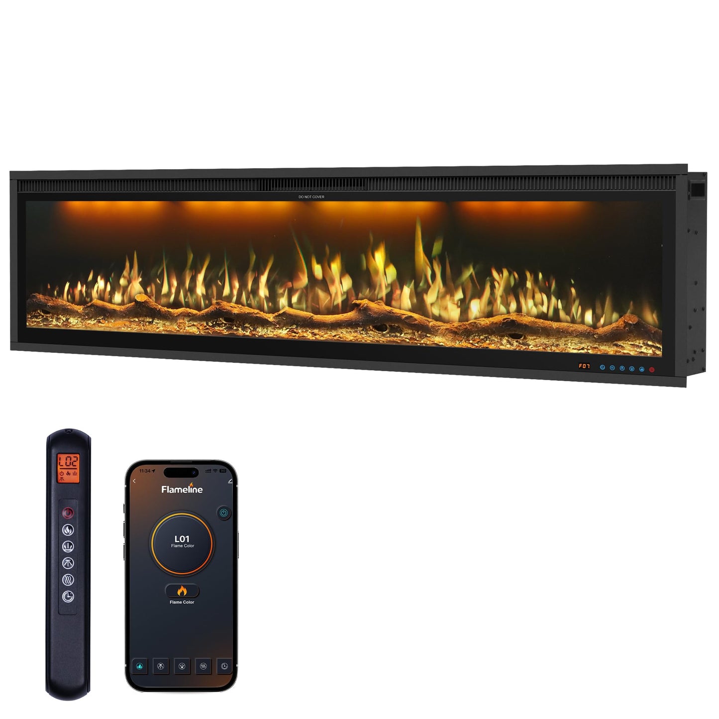 60" WiFi Electric Fireplace Insert, Ultra-Narrow Bezel Fireplace Heater with APP Control, 3 Top Light Colors, 13 Flame & Fuel Bed Colors, 9H Timer, Recessed/Wall Mounted, 750/1500W, Black
