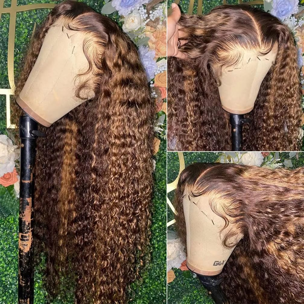 KFgood Ombre Lace Front Wig Human Hair 26inch Highlight 13x4 HD Deep Wave Wig Human Hair 200% Density 4/27 Colored Honey Blonde