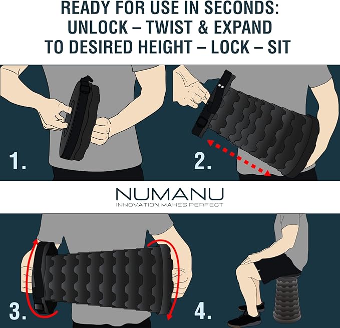 NUMANU 2PK Old-Gen Collapsible Stool, Max 400lbs, Adjustable Portable Folding Stool for Adults, Retractable Foldable Telescopic Seat Camping Chair or Footrest (2PK Old-Gen Hard Seat + Accessories)