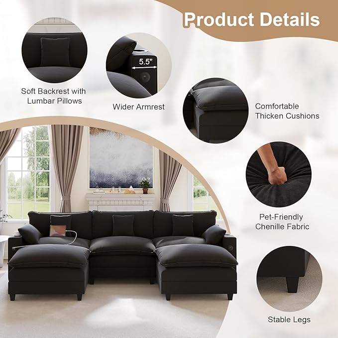 KCGKCG 116" Modular Sectional Sofa, U Shaped Cloud Couch with Movable Ottoman, Chenille Deep Seat Cloud Sofa with Charging Station, Cup Holder, Side Pocket, Sectional Couches for Living Room, Black