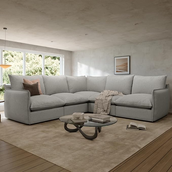 Gtilzria Waterproof Cloud Sectional Sofa for Living Room,High Backrest Down Filled Couch,5 Seater Oversized Modular V-Shaped Couches,Detachable Couch Covers,Light Grey