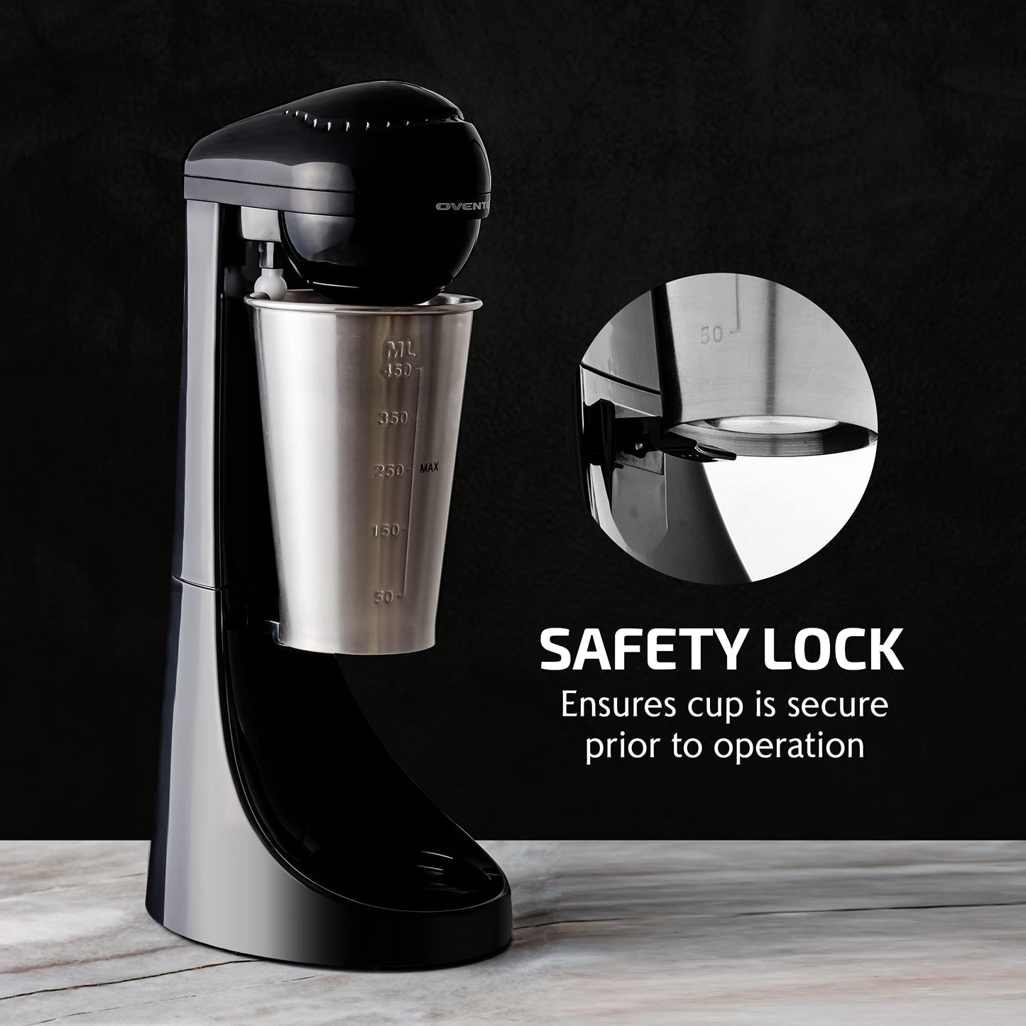 OVENTE Classic Milkshake Maker Machine with 2 Speed Setting, Safety Lock & 15.2 Ounce Stainless Steel Mixing Cup & Rod, Electric Drink Mixer Ideal for Malted Milk, Protein Shakes & More, Black MS2070B