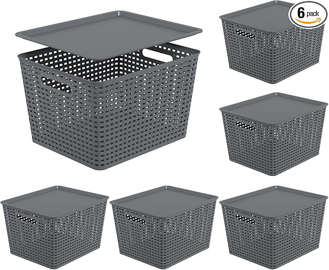 6-Packs Grey Woven Storage Baskets Bins with Lids, Plastic Large Stackable Baskets Box, 13.58'' x 11.42'' x 8.7''