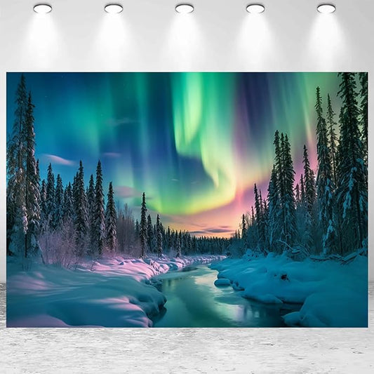 7x5ft Colorful Northern Lights Backdrop Aurora Borealis Norway Polar Lights Pine Trees Forest Photography Background Wallp...
