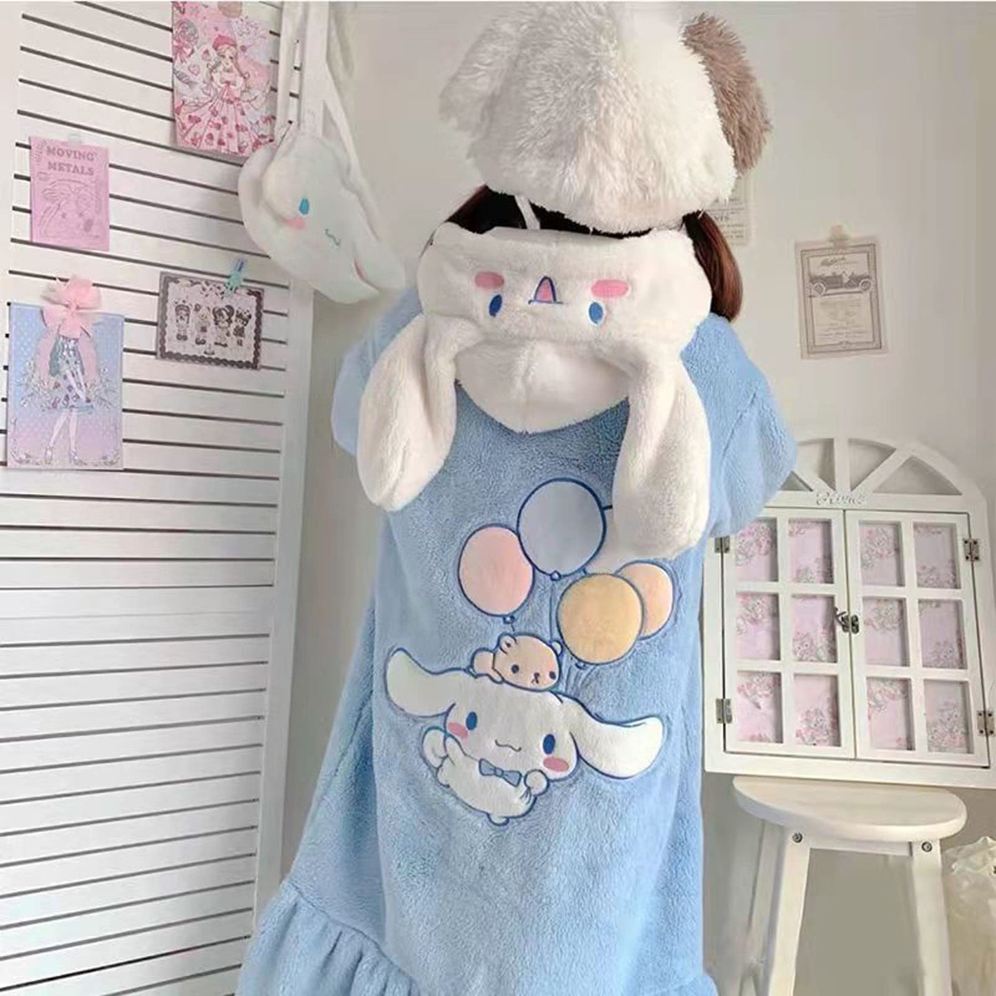 MEOKIM Women's robe button bathrobe Women's hoodie coat plush warm pajamas Long sleepwear with cute pattern pocket pajamas (Cloud Dog,Medium)