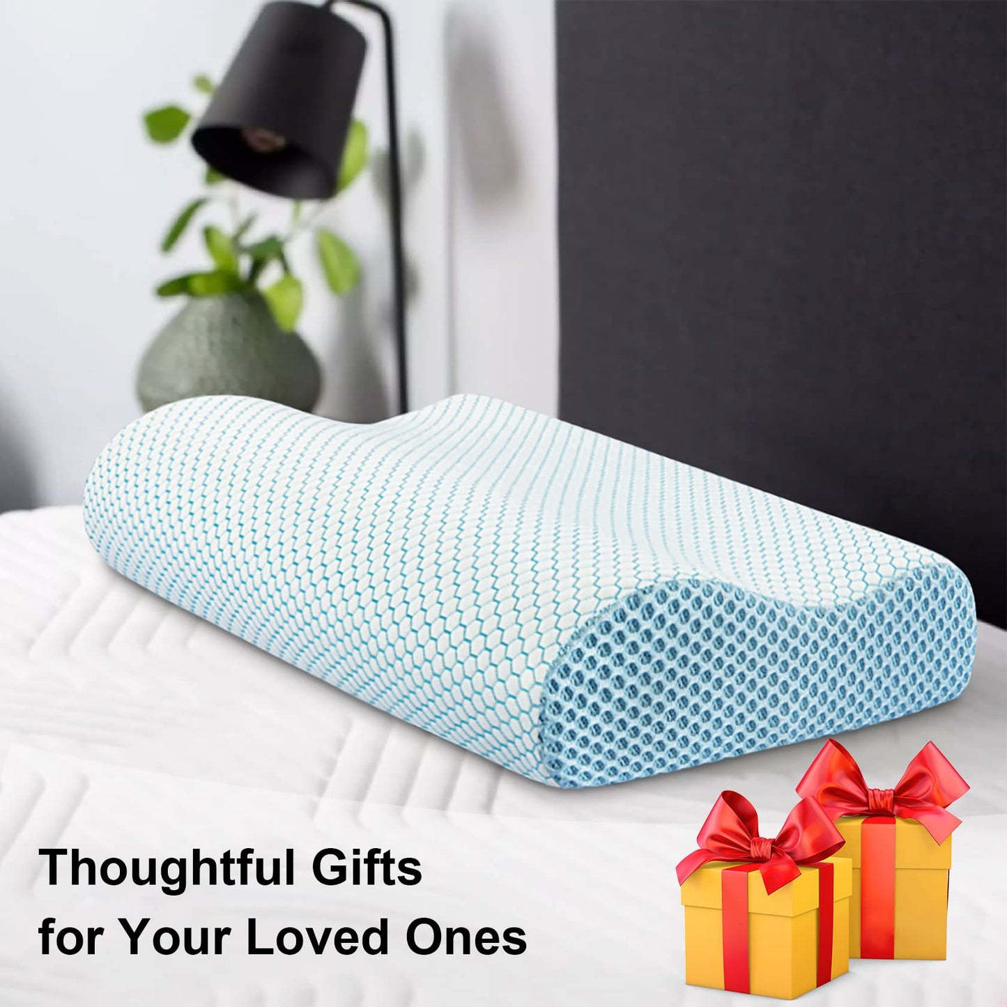 Anvo Memory Foam Pillow, Neck Contour Cervical Orthopedic Bed Pillow for Sleeping Side Back Stomach Sleeper, Ergonomic Design for Neck and Shoulder Pain Relief, Blue White, Soft