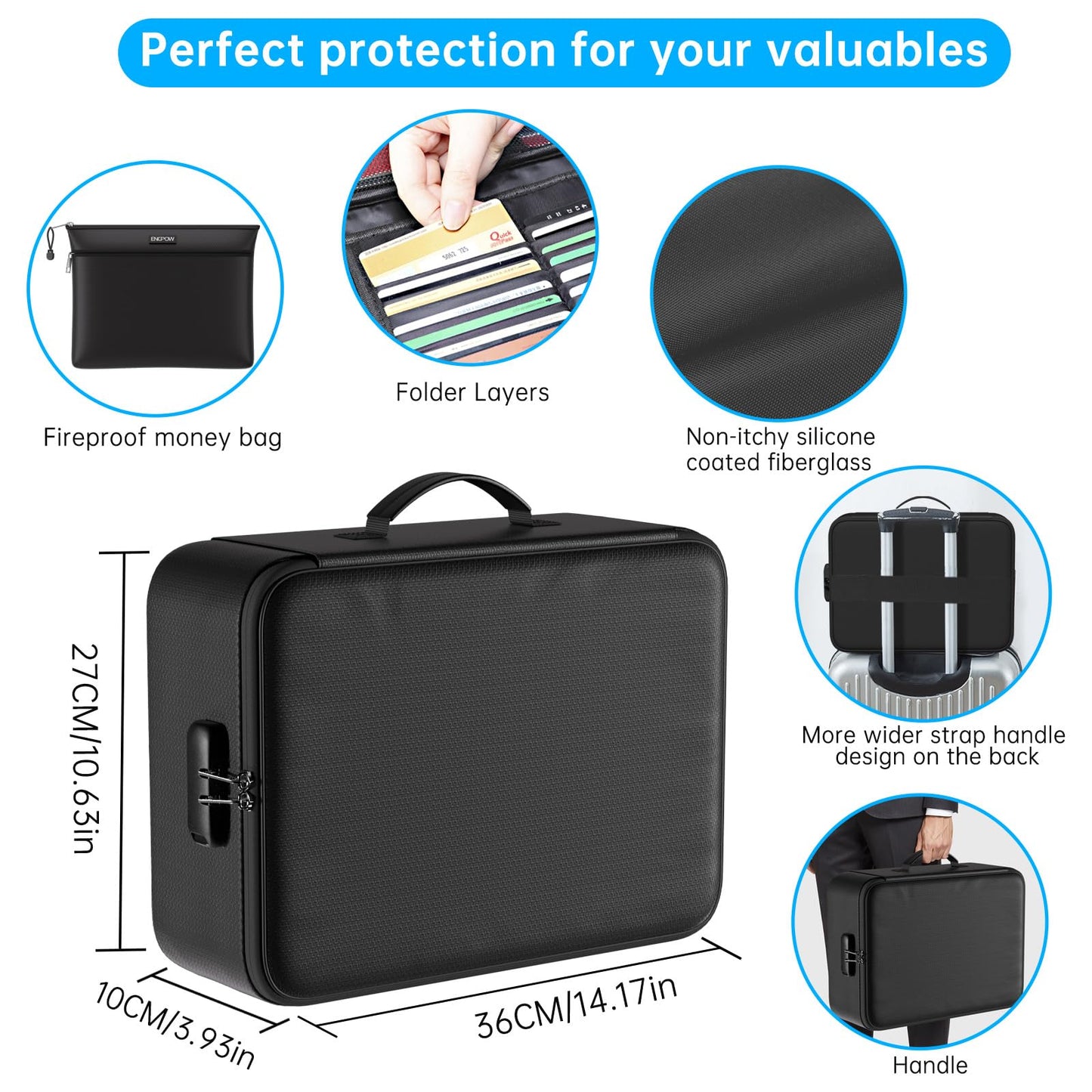 ENGPOW Fireproof Document Bag with Lock,File Organizer Set with Zipper Money Case,5 Layers Protection Fireproof Safe Storage for Important Documents,Passport,Laptop,14.2"*10.6"*4",Soft Case