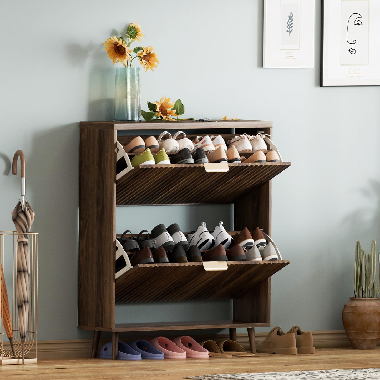 QIVOMIX Shoe Cabinet Storage,Modern Freestanding Organizer with 2 Flip Drawers,Narrow Shoe Rack Cabinet for Entryway,Walnut