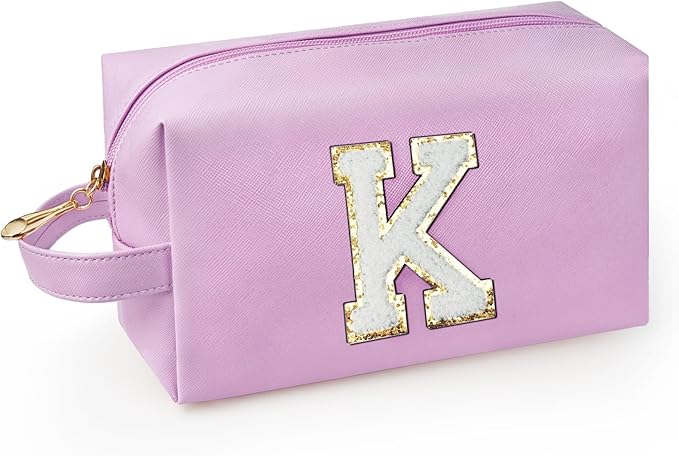 WEMVP Personalized Initial Makeup Bag with Handle, Preppy Cosmetic Bag with Inner Zipper Pocket, 8 9 10 11 12 13 14 Years ...
