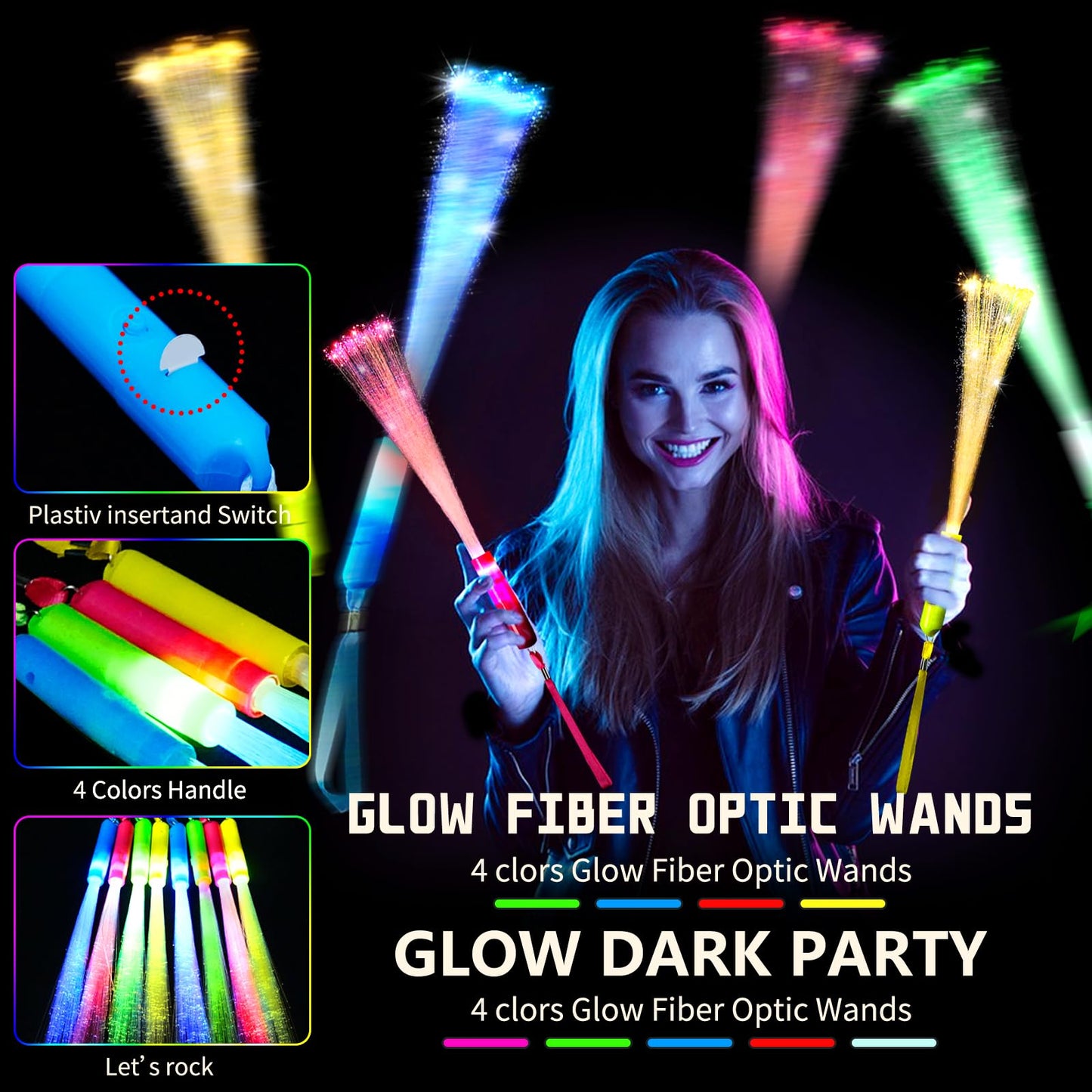 OceanWings Glow Sticks Bulk Party Favor Supplies Pack Glow Fiber Optic Wands,Glow in the dark Party Supplies Favor Flashing Light Up Sticks for Birthday Holiday Party Wedding Halloween Christmas(100)