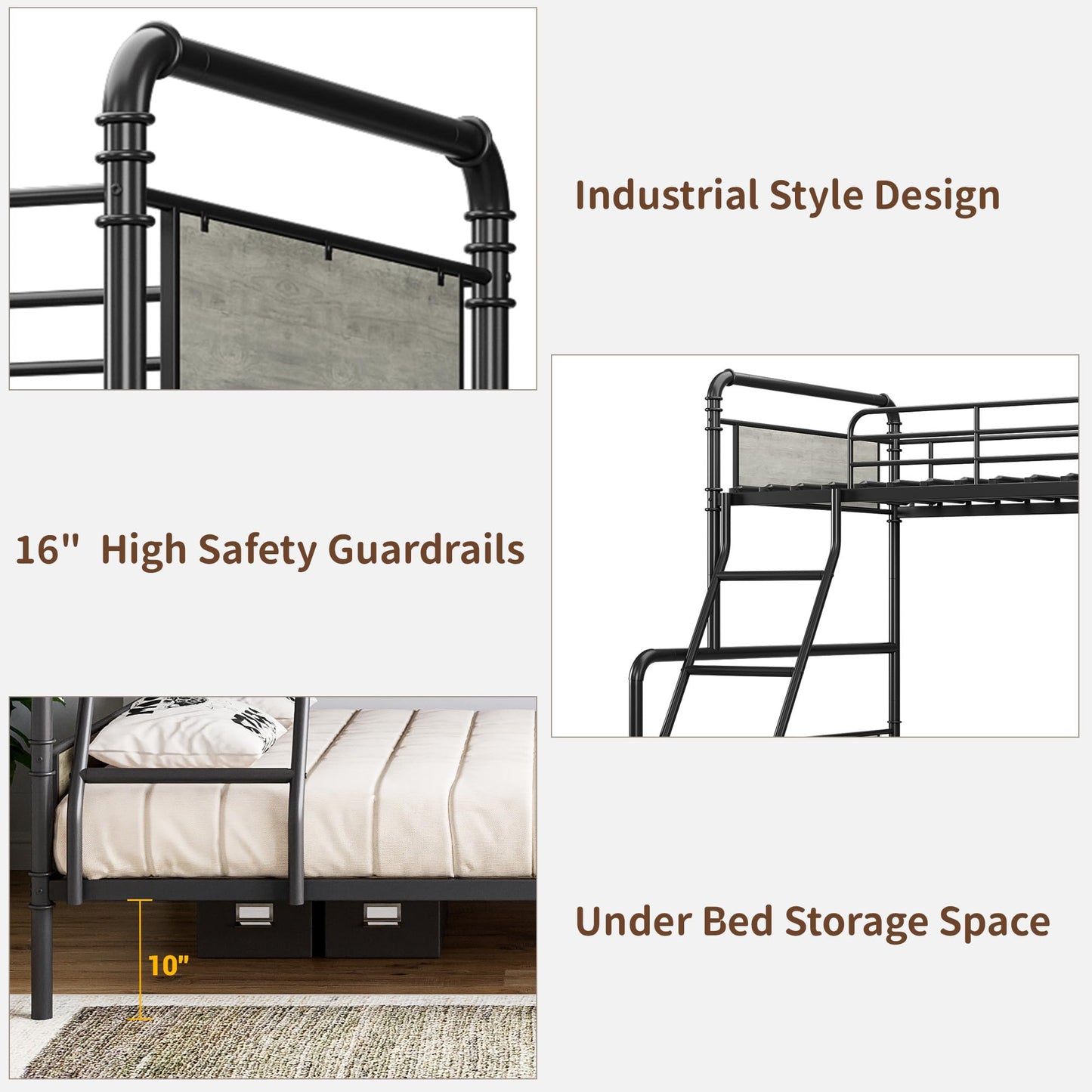 GarveeHome Metal Bunk Bed Twin Over Full Size with Angled Ladder, High Guardrail, Heavy Duty Bunk Bed Frame with Metal Slats, Smooth Rounded Edges, for Kids, Teens, Adults, Black+Grey